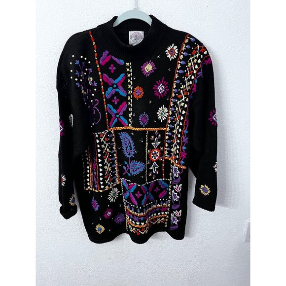 Cape Isle Knitters Embroidered Patchwork Sweater L Black & Multicolor - Picture 1 of 5